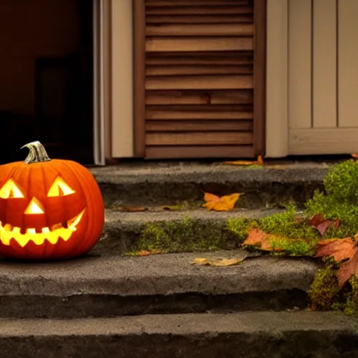 Prompt: movie still of a jack o lantern on the front porch of a house in the woods