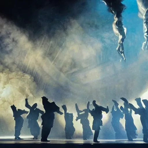 Prompt: award winning Production photo of the Hindenburg disaster the musical on broadway, dancing, singing, costumes by Julie Taymor, set design by Julie Taymor