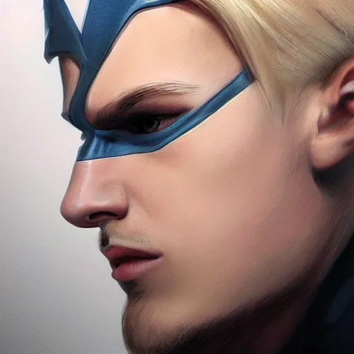 Image similar to hyper realistic portrait of superhero with blonde two sides hair and thin face lines