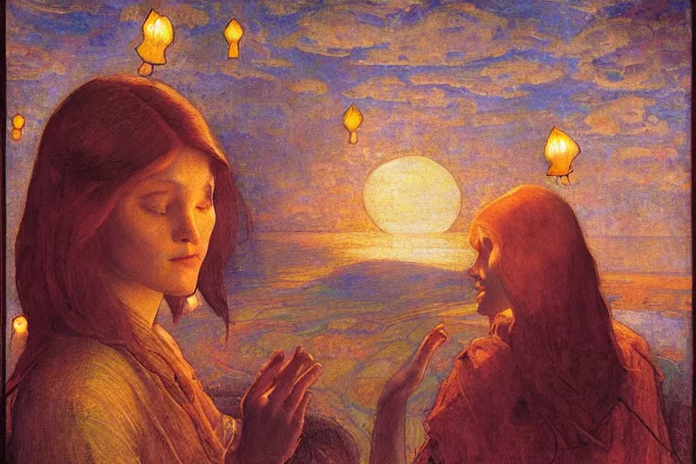 Image similar to Dreaming of the perfect Day by Annie Swynnerton and Nicholas Roerich and jean delville, glowing paper lanterns, strong dramatic cinematic lighting , ornate tiled architecture, lost civilizations, smooth, sharp focus, extremely detailed