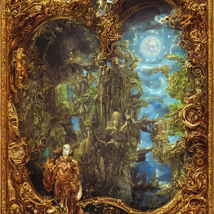 Image similar to the portal to mysterious adventure. decorated with foliage, faberge, and filigree. pulp sci - fi art for omni magazine. cosmic. baroque period, oil on canvas. renaissance masterpiece