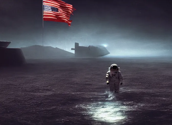 Image similar to astronaut holding a flag in an underwater desert. a submarine is visible in the distance. dark, concept art, cinematic, dramatic, atmospheric, 8 k, trending on artstation, blue, fish, low visibility, fog, ocean floor, christopher nolan, interstellar