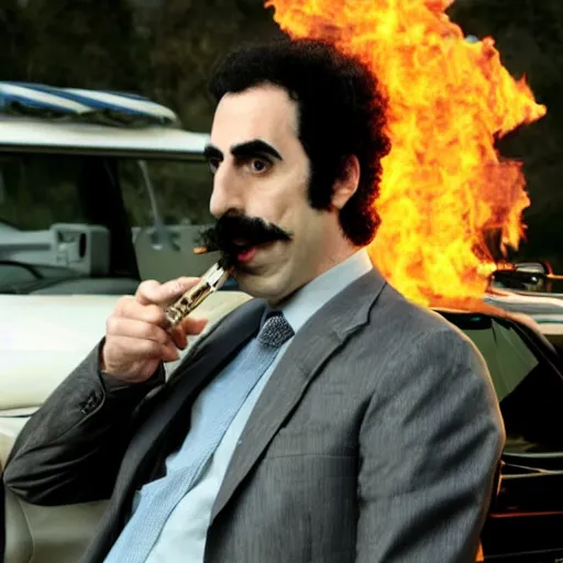 Image similar to Sacha Baron Cohen as borat smoking a giant rolled cannabis cigarette, smoke, 8k, hyper-detailed