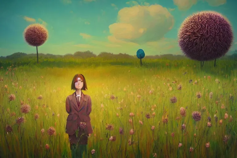 Image similar to giant thistle head, girl in suit in field of flowers, surreal photography, sunrise, blue sky, dramatic light, impressionist painting, digital painting, artstation, simon stalenhag