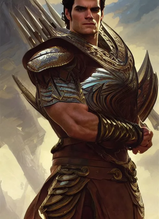 Prompt: Henry Cavill as a warrior ranger, upper body, D&D, muscular, fantasy, intricate, elegant, highly detailed, digital painting, artstation, concept art, smooth, sharp focus, illustration, art by artgerm and greg rutkowski and alphonse mucha