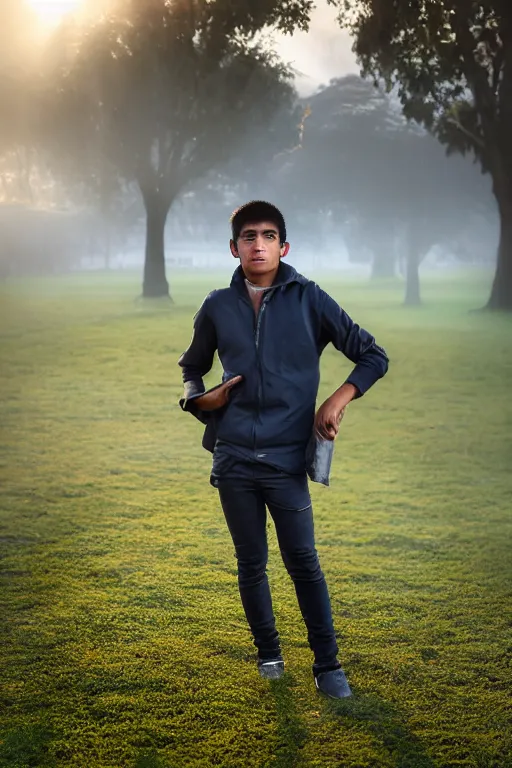 Prompt: beautiful photo of an peruvian young man in a park in lima in the early ours of the morning with morning fog and dew on the grass. sunrise. nature. photography. national geographic. detailed face and fur, ultra hd, sharp. volumetric lighting, hasselblad. nikon z 9. 1 0 0 mm. f / 2. 5