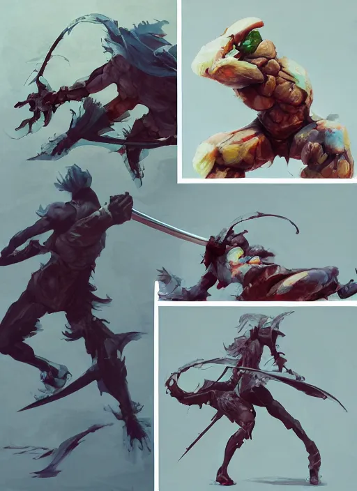 Image similar to semi reallistic gouache gesture painting, by yoshitaka amano, by ruan jia, by conrad roset, by dofus online artists, detailed anime 3 d render of an alien monstrous using a katana to cut a watermelon, portrait, cgsociety, artstation, rococo mechanical, digital reality, sf 5 ink style, dieselpunk atmosphere, gesture drawn