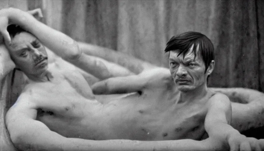 Prompt: 1 9 6 0 s movie still by tarkovsky of marat stabbed in his bath, cinestill 8 0 0 t 3 5 mm b & w, high quality, heavy grain, high detail, panoramic, cinematic composition, dramatic light, anamorphic, jacques louis david style, raphael style, piranesi style