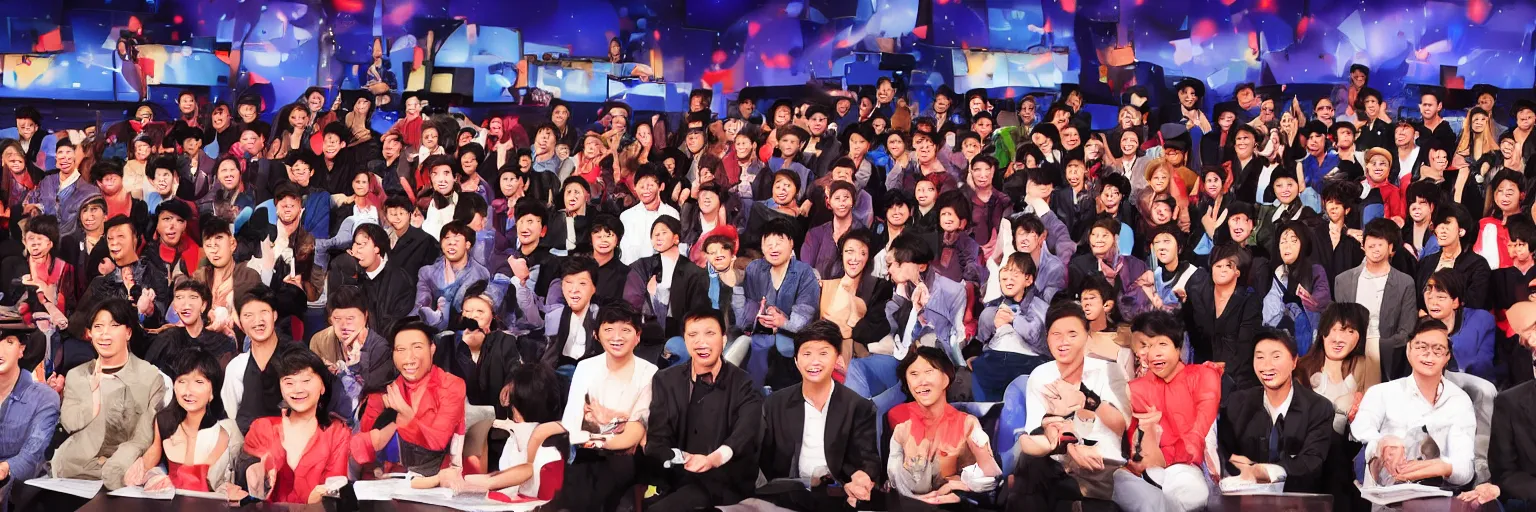 Prompt: TV quiz show with a large live audience, by qi wong