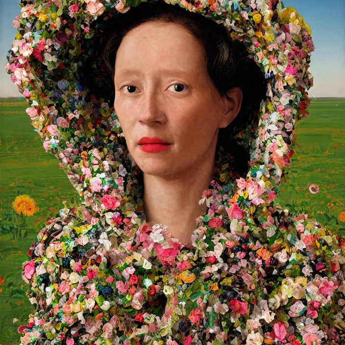 Prompt: a closeup portrait of a woman wearing a cloak made of plastic and mud, in an infinite landscape of flowers, photograph by john currin, canon eos c 3 0 0, ƒ 1. 8, 3 5 mm, 8 k, medium - format print