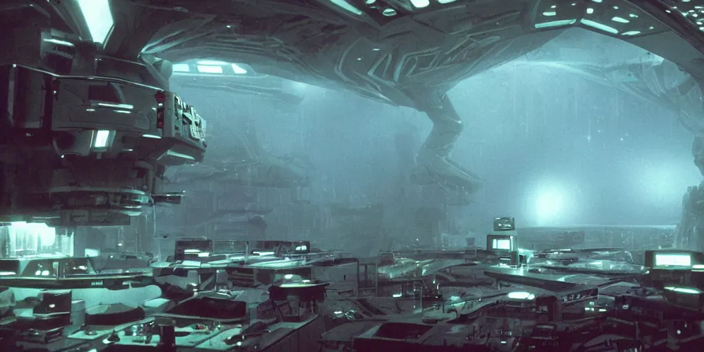 Prompt: film still of inside a dark futuristic scientific research outpost with complicated machinery and lasers in a moist foggy jungle, science fiction, laser lights and spooky shapes, ridley scott, lights through fog, futuristic outpost building, wet lush jungle landscape, dark sci - fi, 1 9 8 0 s, beige and dark atmosphere, ridley scott