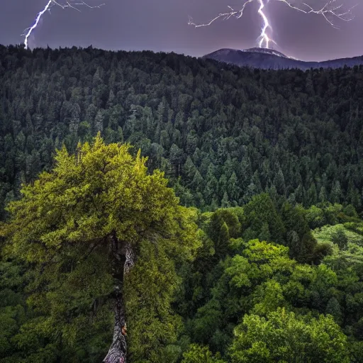 Prompt: a beautiful mountain landscape view from slightly above with stunning eerie lightning and a large tree on the foreground, HD photograph