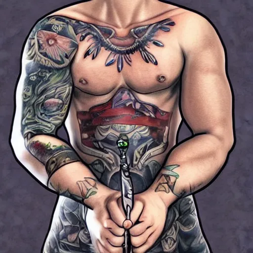 Image similar to muscular bald man, tattooed body, sword in hands, HD, anime style,