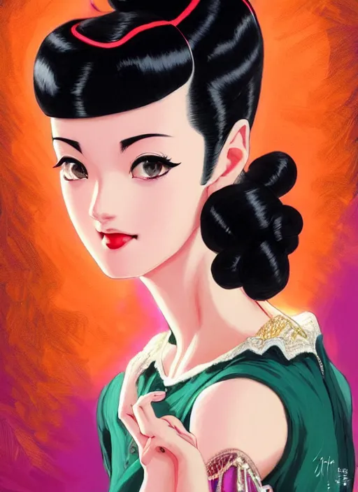 Image similar to a beautiful dancer with black hair in 1940's fashion, ballroom background, intricate, highly detailed, digital painting, artstation, official media, anime key visual, concept art, rich vivid colors, ambient lighting, sharp focus, illustration, art by Artgerm, Makoto Shinkai, Ilya Kuvshinov, Lois Van Baarle, and Rossdraws