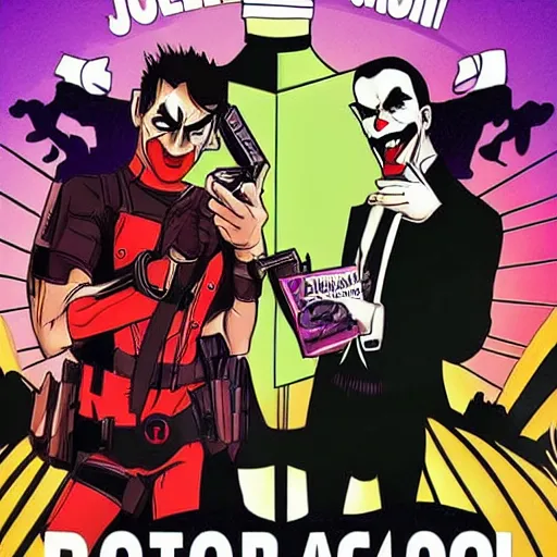 Image similar to action movie poster for the joker and deadpool eating at a fancy restaurant