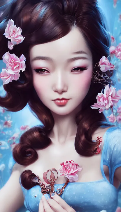 Image similar to a pin up and beautiful fashion and charming and dreamlke asian girl, lv jewelry, art by artgerm & jeehyung lee & wlop, hyperdetailed, 8 k realistic, symmetrical, frostbite 3 engine, cryengine, dof, trending on artstation, digital art