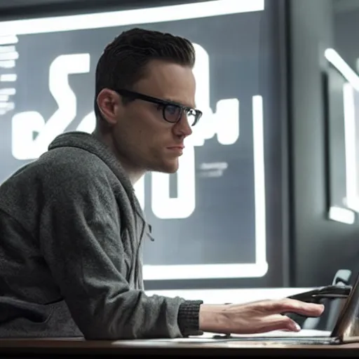 Prompt: dramatic still from Mr. Robot, A programmer expertly wrangling code late at night, intensely focused, coffee on his desk, highly detailed, sharp focus, cinematic lighting, hoodie