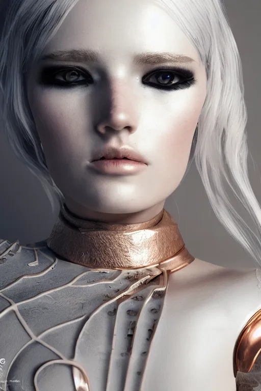 Image similar to white cyborg fashion shot, copper spiral hair decorations, white elegant baroque design, smooth heads, headshot half figure, photorealistic, 8k, hyper detailed, unreal engine, trending on artstation,