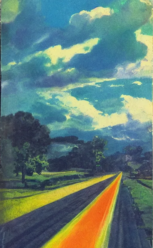 Prompt: paperback book cover. 1 9 6 0 s. pure colors, melting clouds, accurately drawn details, a sunburst above a receding road with the light reflected in furrows and ruts, after rain. and no girls.