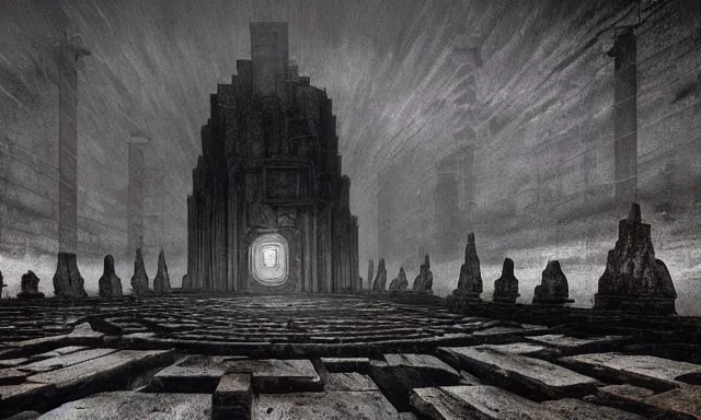 Prompt: a outside temple full of dark evil idol, landscape photograph taken by giger and beksinski and chaos and midnight sun and death fog and nightmare megacity