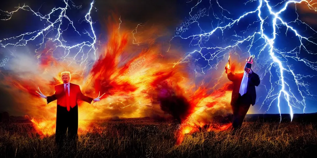 Image similar to donald trump casting fireballs, colorful hd picure, lightning in the background