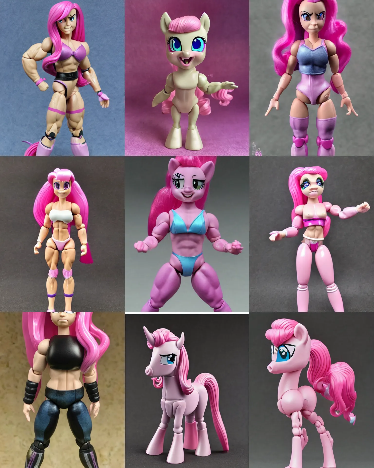 Prompt: pinky pie my little pony, neca!!! powerlifter oversized muscular very detailed realistic action figure with horse head aby neca face close up full body in the style of neca, character by neca, film still, bokehs