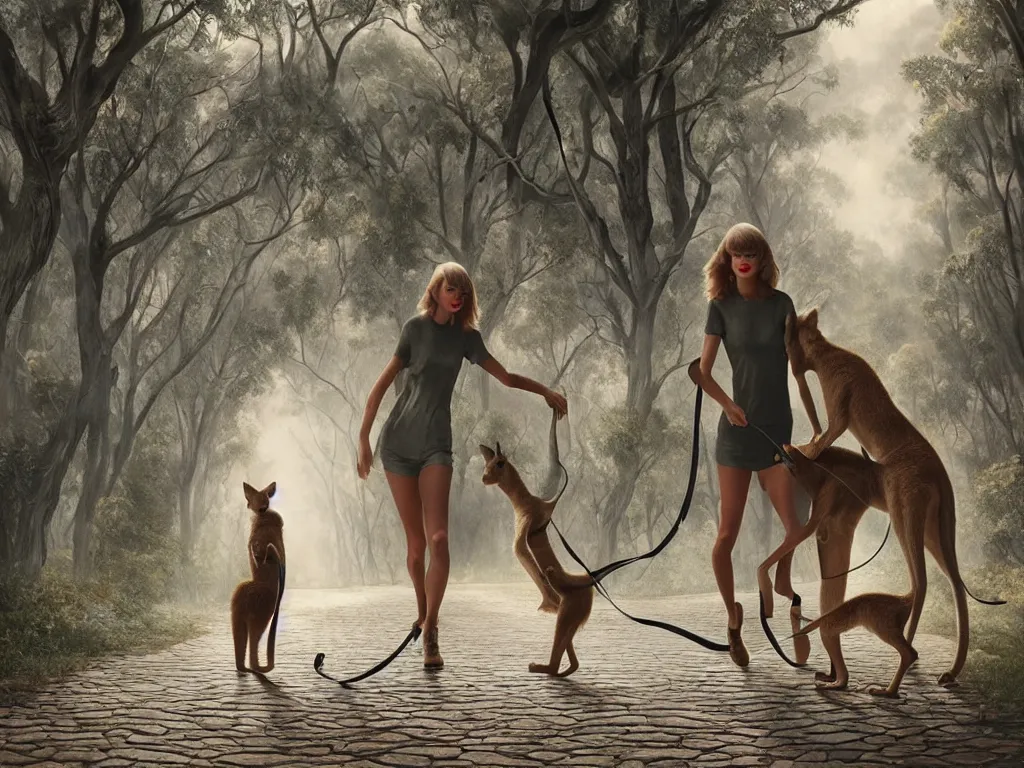 Prompt: taylor swift walking a kangaroo in the style of michael cheval, 4 k, hyper detailed, trending on artstation, photorealistic, volumetric lighting, octane render,