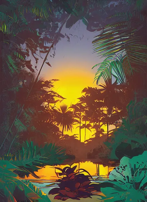 Prompt: Jungle sunset, by Petros Afshar, canvas