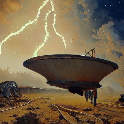 Image similar to a greek spaceship, stuck in the ground, the spaceship is on fire, smoke, rainstorm, lightning, angry, kinetic, adolphe bouguereaum, norman rockwell, trending on artstation, highly detailed oil painting,