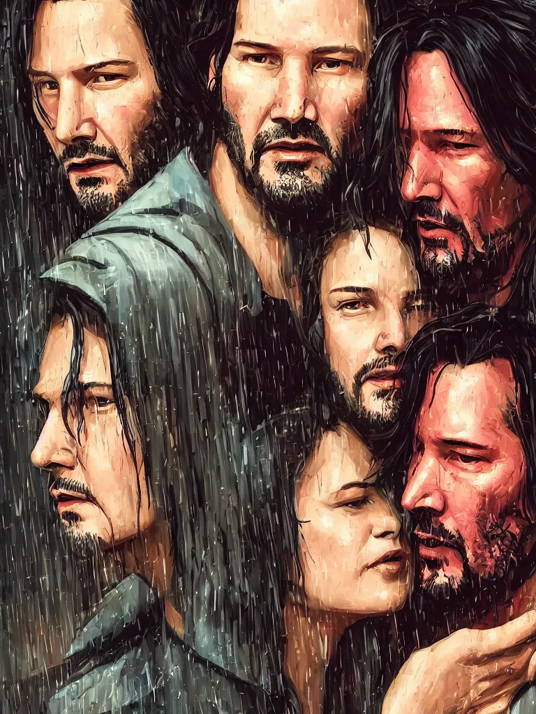 Image similar to a movie srcreenshot couple portrait of Keanu Reeves and V final kiss in cyberpunk 2077,love,film lighting,by Laurie Greasley,Lawrence Alma-Tadema,Andrei Riabovitchev,Dan Mumford,John Wick,Speed,Replicas,artstation,deviantart,FAN ART,full of color,Digital painting,face enhance,highly detailed,8K,octane,golden ratio,cinematic lighting
