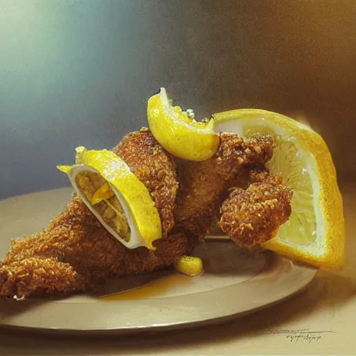 Image similar to 1980s Fast Food commercial photograph of a dish made with lemons, crispy chicken, fried pickles and jalepenos, Lemon sauce dripping over it, in the style of greg rutkowski, symetrical,oryantalist, photo realistic, 8k, epic, ultra detailed, by Gustave Doré, by Marco Turini, by Artgerm, Deviantart in the style of Tom Bagshaw, Cedric Peyravernay, Peter Mohrbacher by William-Adolphe Bouguereau, by frank frazetta, symetrical features, joyful