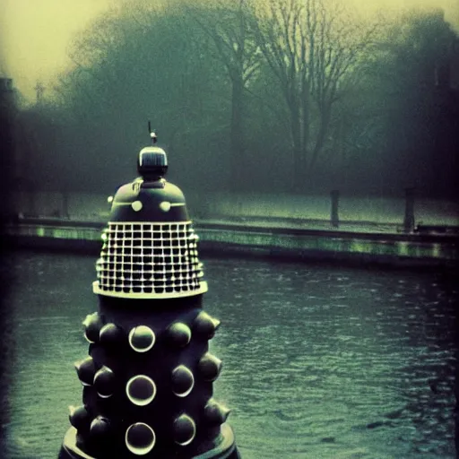 Image similar to oldschool dalek in London, riverbank, mist, beautiful polaroid photo, by Warhol,