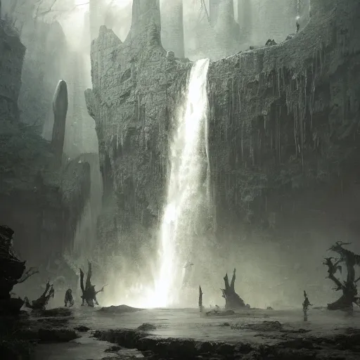 Prompt: waterfall emerging from the crumbling skull of a colossal ancient beast, by Andreas Rocha + Ted Nasmith, dark, epic, masterpiece, highly detailed, 8k resolution, trending on art station