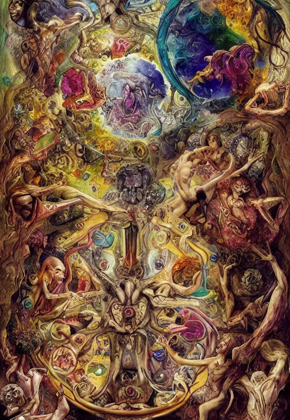 Image similar to simplicity, colorful muscular eldritch bodies and bones radiating from fractal, mandala, white bones, colorful gems, brush pen, by h. r. giger and esao andrews and maria sibylla merian eugene delacroix, gustave dore, thomas moran, pop art, chiaroscuro, biopunk, art nouveau