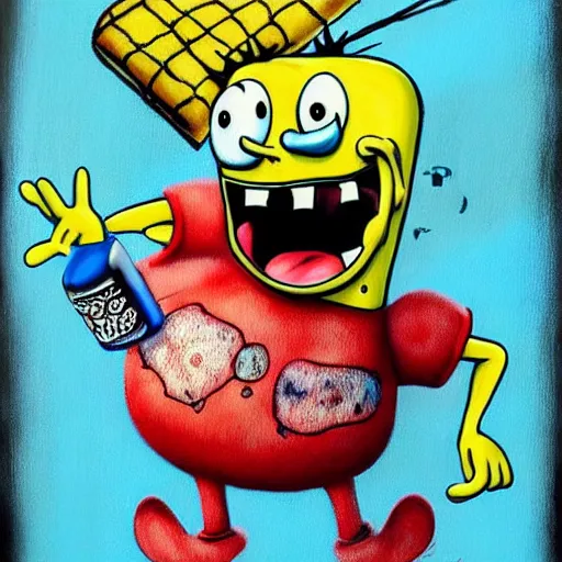 Image similar to grunge painting of spongebob with a wide smile and a red balloon by chris leib, loony toons style, pennywise style, corpse bride style, horror theme, detailed, elegant, intricate