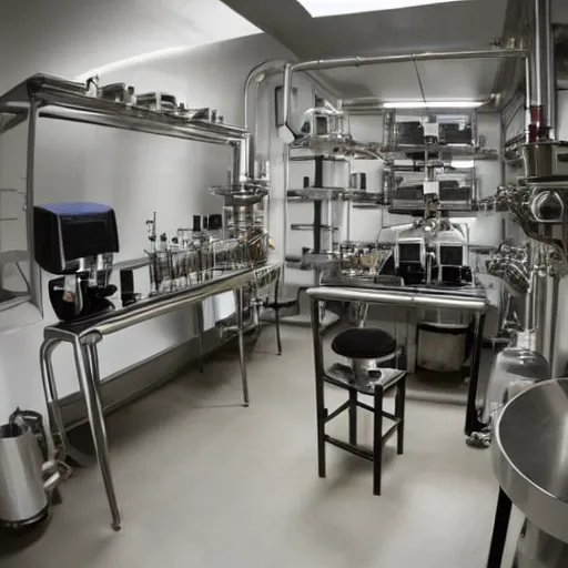 Image similar to a complex, high-end, laboratory with chemistry paraphernalia used to brew coffee, ambient lighting, 4K, from Breaking Bad