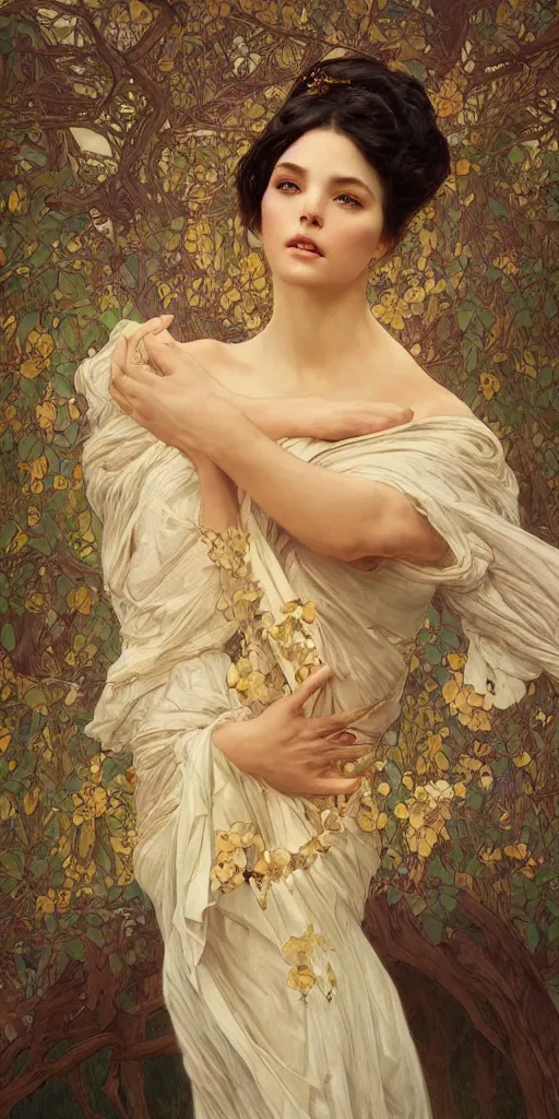 Image similar to ultra realistic illustration studio of a beautiful elegant girl in an artistic pose covered in silk, intricate, elegant, highly detailed, digital painting, artstation, concept art, smooth, sharp focus, illustration, art by artgerm and greg rutkowski and alphonse mucha by klimt