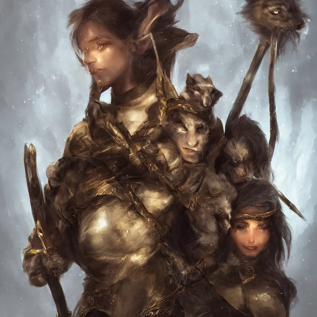 Image similar to cinematic bust portrait of one Photorealistic single powerful angry female D&D elf ranger holding a longbow, with a pet wolf. Magical occult photorealism, UHD, amazing depth, glowing, golden ratio, 3D octane cycle unreal engine 5, volumetric lighting, cinematic lighting, cgstation artstation concept art