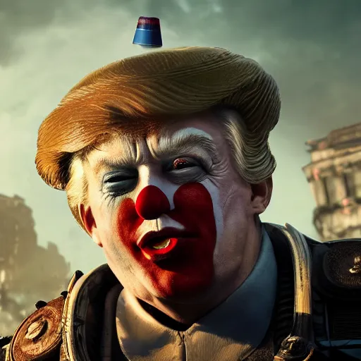 Image similar to donald trump as a clown! in gears of war, splash art, movie still, cinematic lighting, ray tracing, detailed clown face!, octane render, long lens, shallow depth of field, bokeh, anamorphic lens flare, 8 k, hyper detailed, 3 5 mm film grain