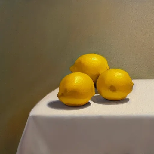 Image similar to lemons dramatic lighting on white tablecloth, oil painting, pale colors, high detail, 8 k, wide angle, trending on artstation,