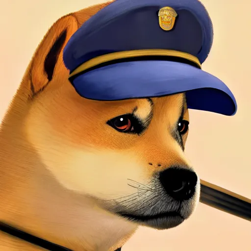 Image similar to shiba inu wearing a police uniform, holding a baseball bat, character design, highly detailed digital art, atmosphere, glow, lens flare, cinematic lightning, hyperrealistic, focused, extreme details, 4 k, ultra detailed, trending on artstation, masterpiece, digital art.