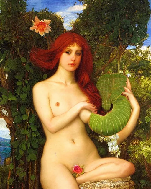 Image similar to portrait of aphrodite as a venus fly trap beautiful oil painting waterhouse