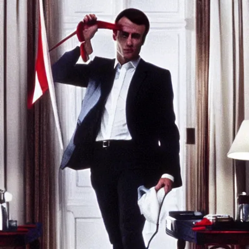 Image similar to Emmanuel Macron doing his morning routine in American Psycho (1999)