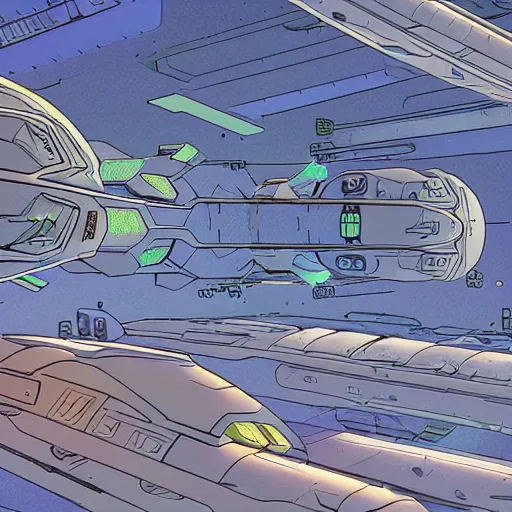 Prompt: a scifi space port with parked spaceships in the style of moebius