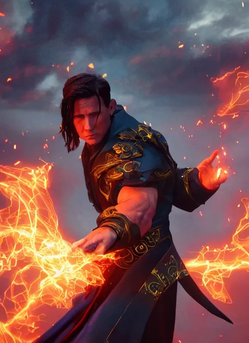 Prompt: A fantasy comic book style portrait painting of a Channing Tatum as a godlike Sorcerer casting a fire spell, unreal 5, DAZ, hyperrealistic, octane render, RPG portrait, ambient light, dynamic lighting