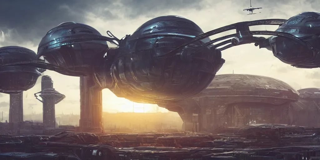 Prompt: alien spacecraft hovering over busy space port surrounded by alien robots, steel archways, industrial buildings, rusty metal towers, sun setting, cinematic lighting, digital painting, octane render