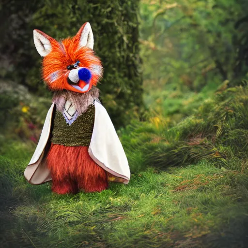 Image similar to photorealistic real life foxfolk wizard druid as a very fancy and also the most adorable thing to ever exist as a lovable furry muppet plush wearing a very fancy ornate elven cloak hand sewn by a professional elven seamstress and also a smoky cape, photography, national geographic, sesame street