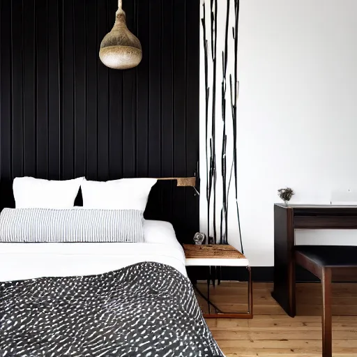 Image similar to bedroom, interior design, stylish luxury hotel bedroom design, black vertical slatted timber, stone, textures, feminine, black walls, art, vase with flowers, Japanese and Scandinavian influences