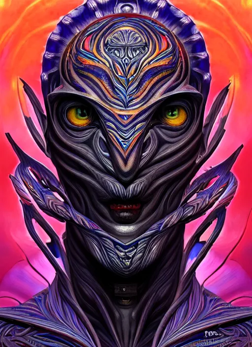 Image similar to hyper detailed ultra sharp alien hybrid tribal gothic warrior trance man portrait, trending on artstation, warpaint tattoo aesthetic, earthwave, colorful, psychedelic, ornate, intricate, digital painting, concept art, smooth, sharp focus, illustration, art by artgerm, edmund leighton, amano, darius zawadzki, h. r. giger, 8 k