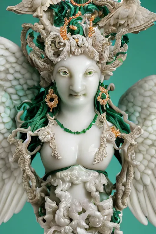 Image similar to a closeup photo, rococo alabaster and jade real delicate ceramic porcelain sculpture of an ornate detailed vulture goddess in front of an intricate background by rafael, micro detail, backlit lighting, subsurface scattering, translucent, thin porcelain, emerald, jade, octane renderer, colorful, physically based rendering, trending on cgsociety